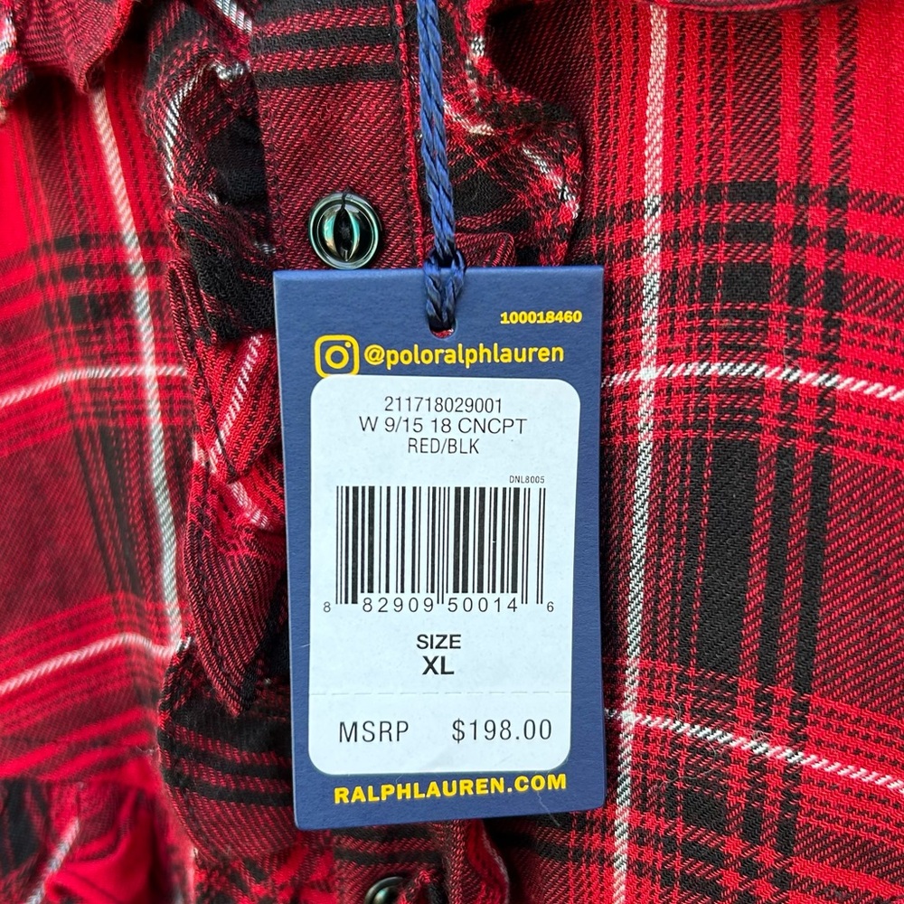 NWT Polo Ralph Lauren Ruffle Plaid Shirt Blouse Viscose Wool Red Black XL - Picture 6 of 16